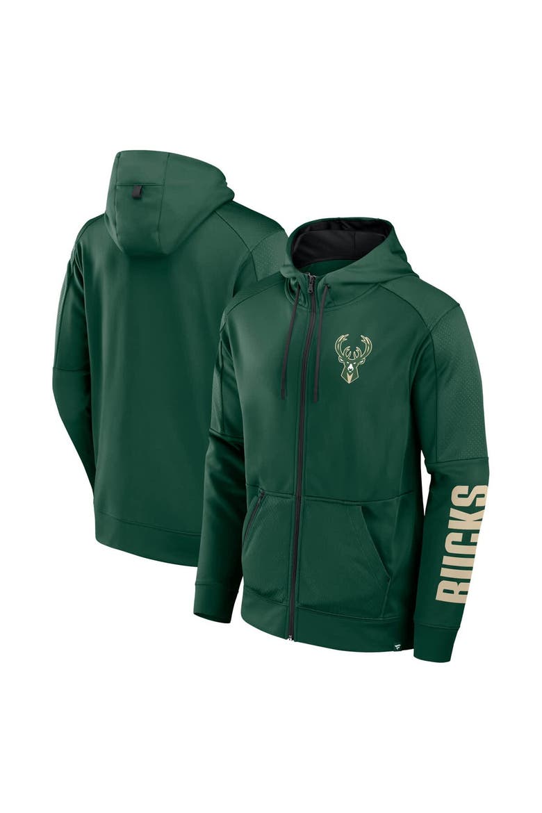 Men's Fanatics  Hunter Green Milwaukee Bucks Baller Defender Performance Full-Zip Hoodie, Main, color, Hunter Green