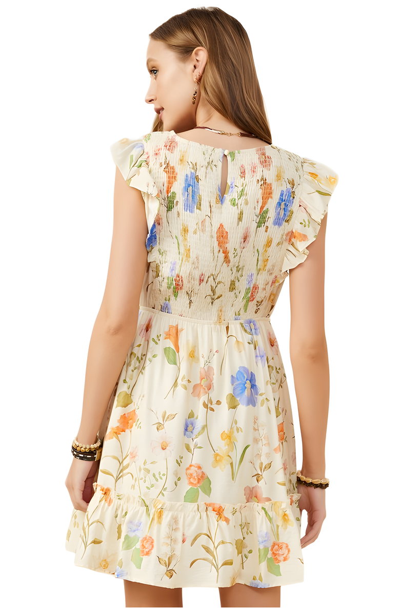 Knit and Lounge Ruffle Sleeve Smocked Floral Mini Dress, Alternate, color, Cream Floral Print