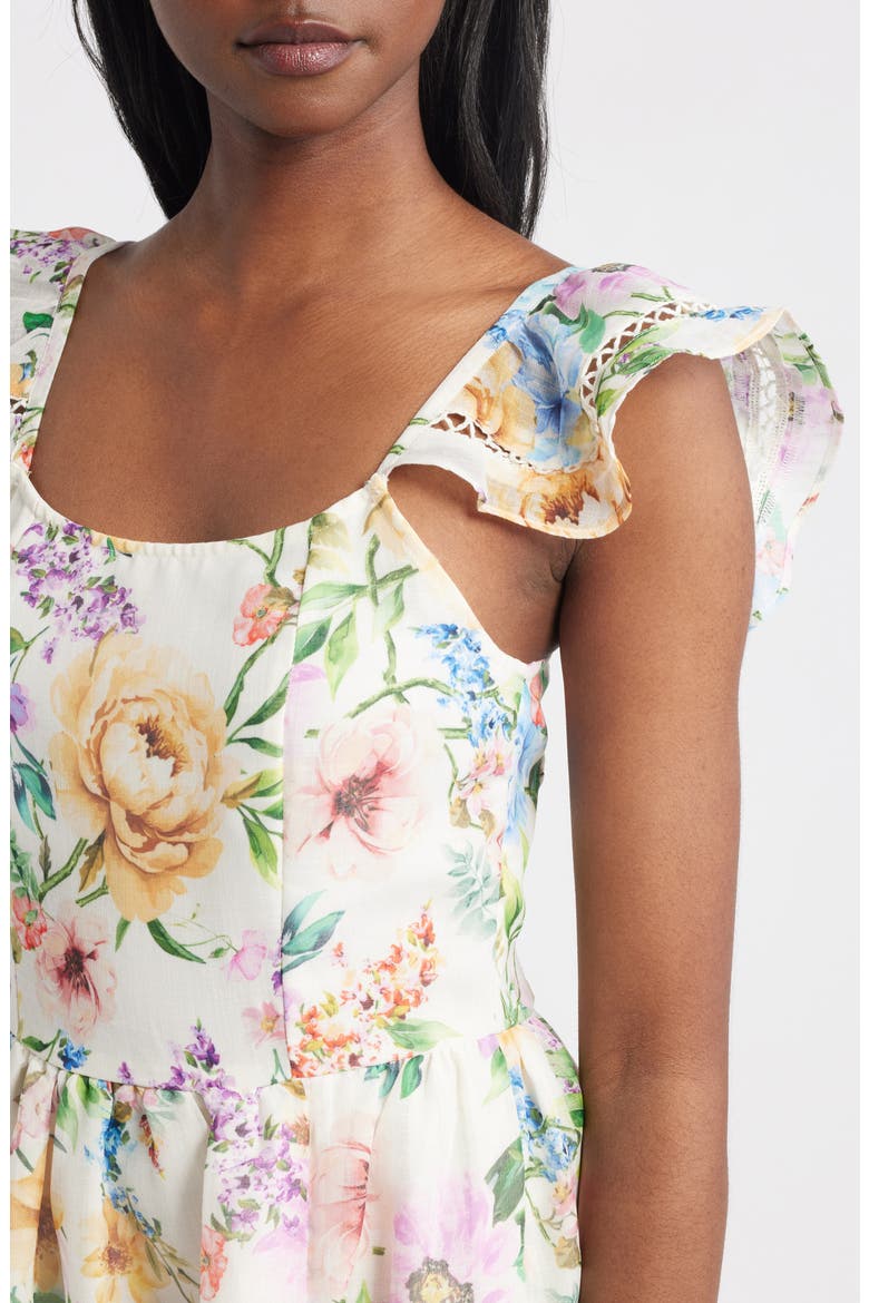 Floral Print Flutter Sleeve Midi Dress, Alternate, color, WHITE