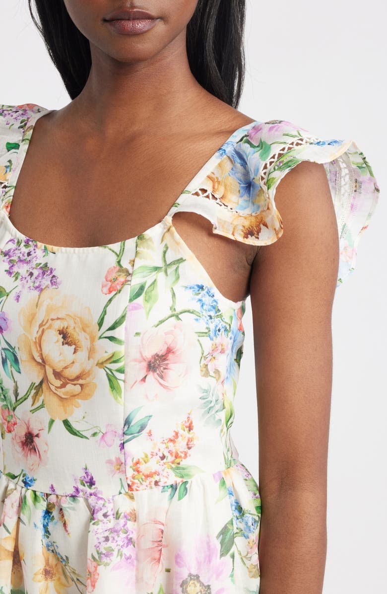 Lipsy Floral Print Flutter Sleeve Midi Dress, Alternate, color, White