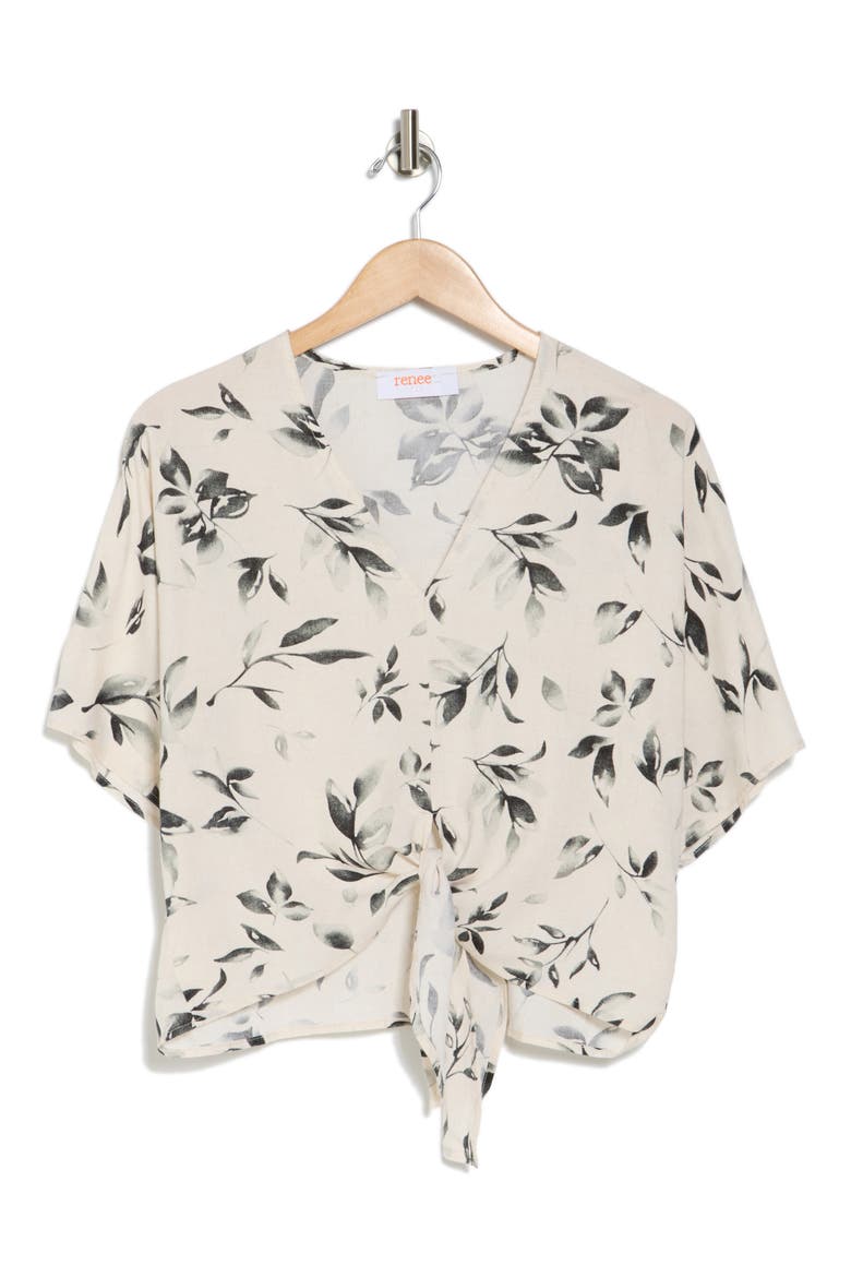 Floral Short Sleeve Tie Front Crop Top, Alternate, color, BLACK