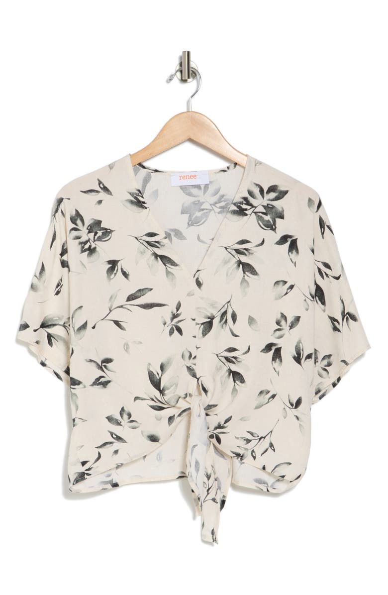 Renee C Floral Short Sleeve Tie Front Crop Top, Alternate, color, Black