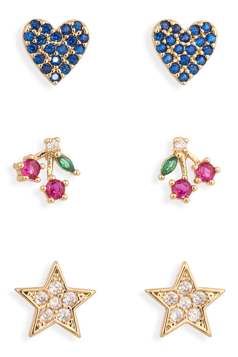 Heart Cherry & Star Set of 3 Stud Earrings, Main, color, BLUE