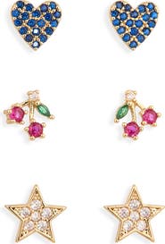 Panacea Heart Cherry & Star Set of 3 Stud Earrings