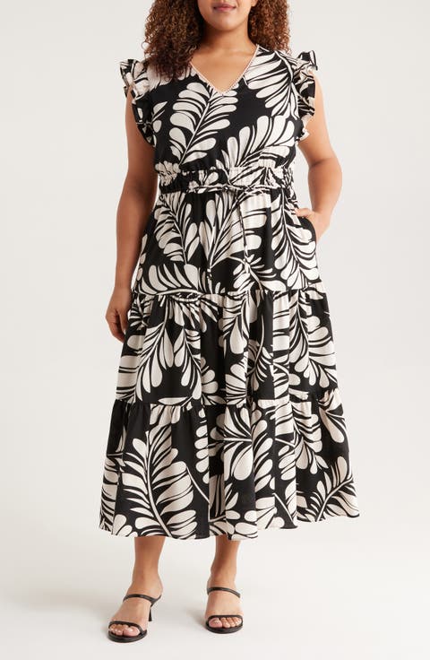 Leaf Print Ruffle Tie Waist Midi Dress (Plus)