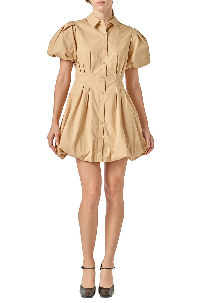Puff Sleeve Bubble Hem Cotton Mini Shirtdress, Main, color, TAN