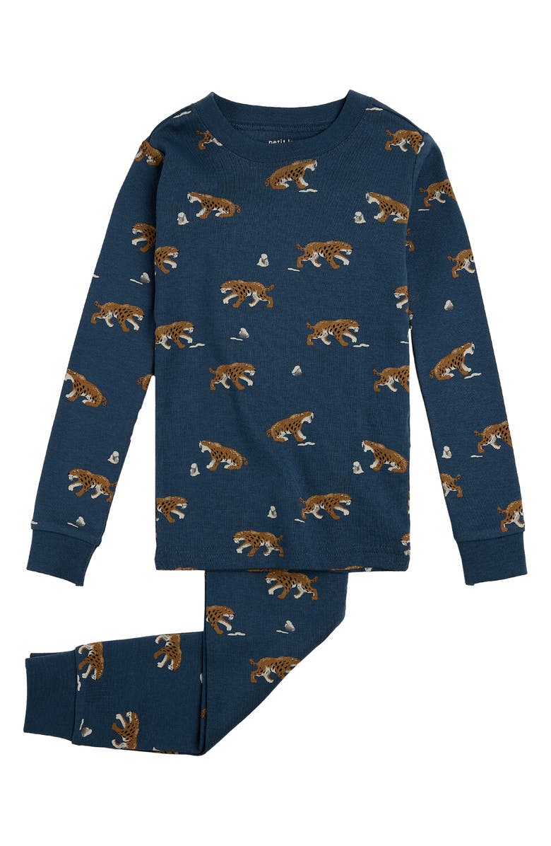 Petit Lem Kids' Saber-Tooth Tiger Print Fitted Organic Cotton Two-Piece Pajamas, Main, color, 