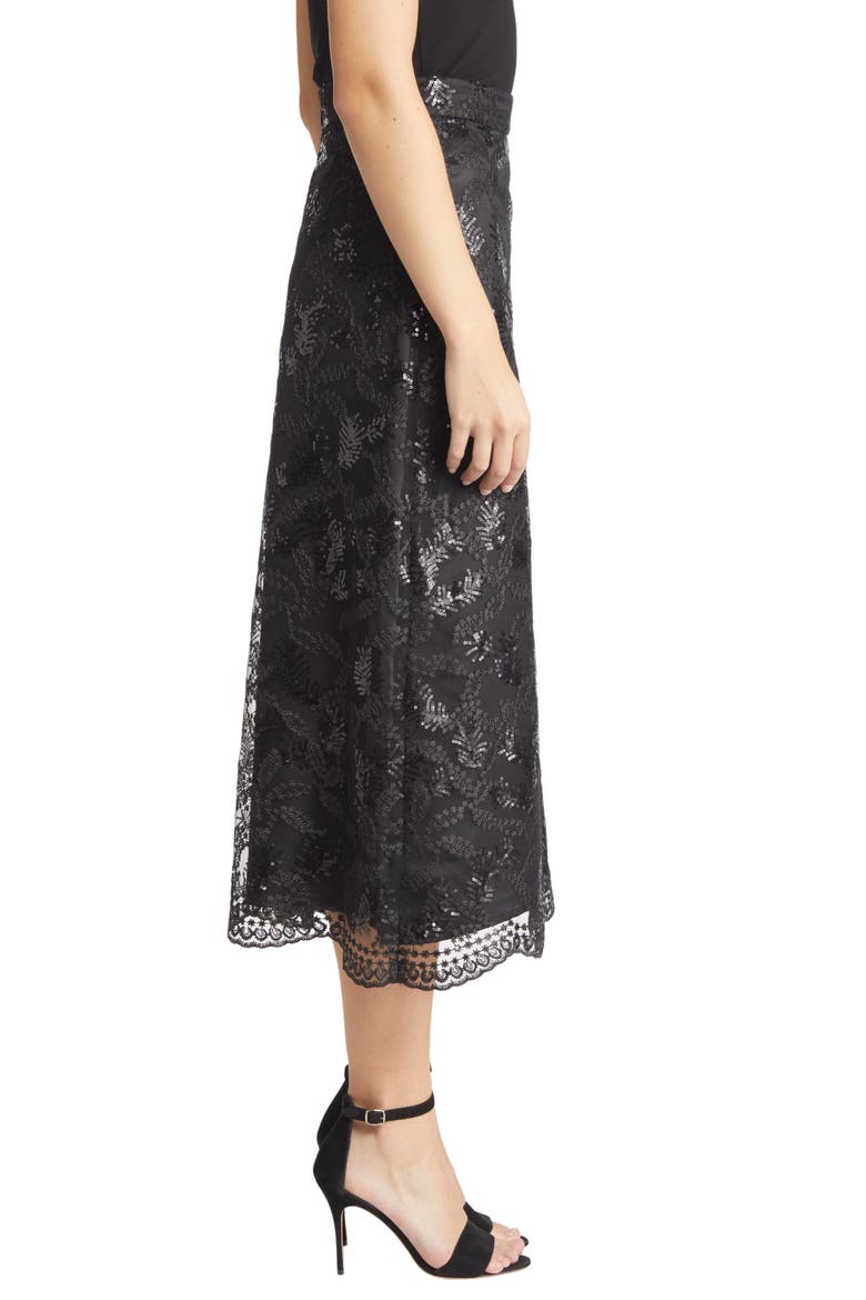 Leaf Sequin A-Line Midi Skirt, Alternate, color, ANNE BLACK