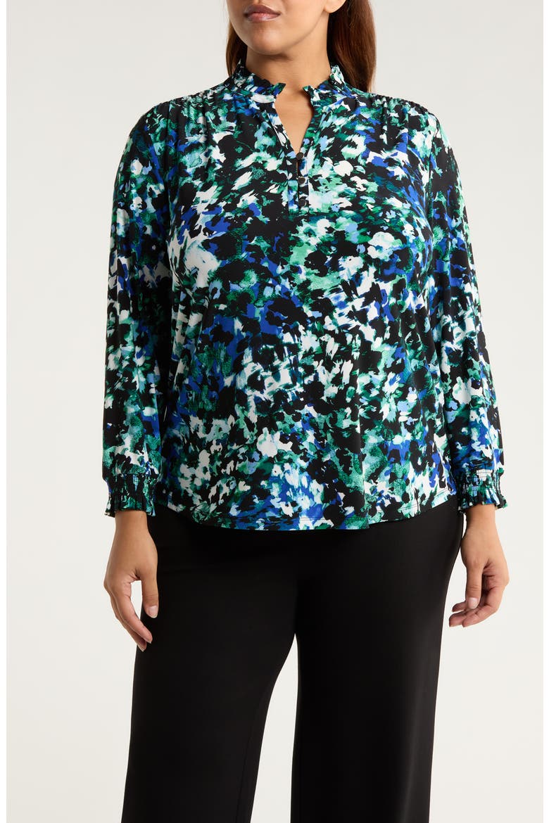 Ruffle Neck Smocked Cuff Top, Main, color, ANNE BLACK MULTI