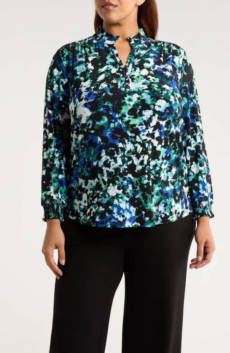 AK ANNE KLEIN Ruffle Neck Smocked Cuff Top, Main, color, Anne Black Multi