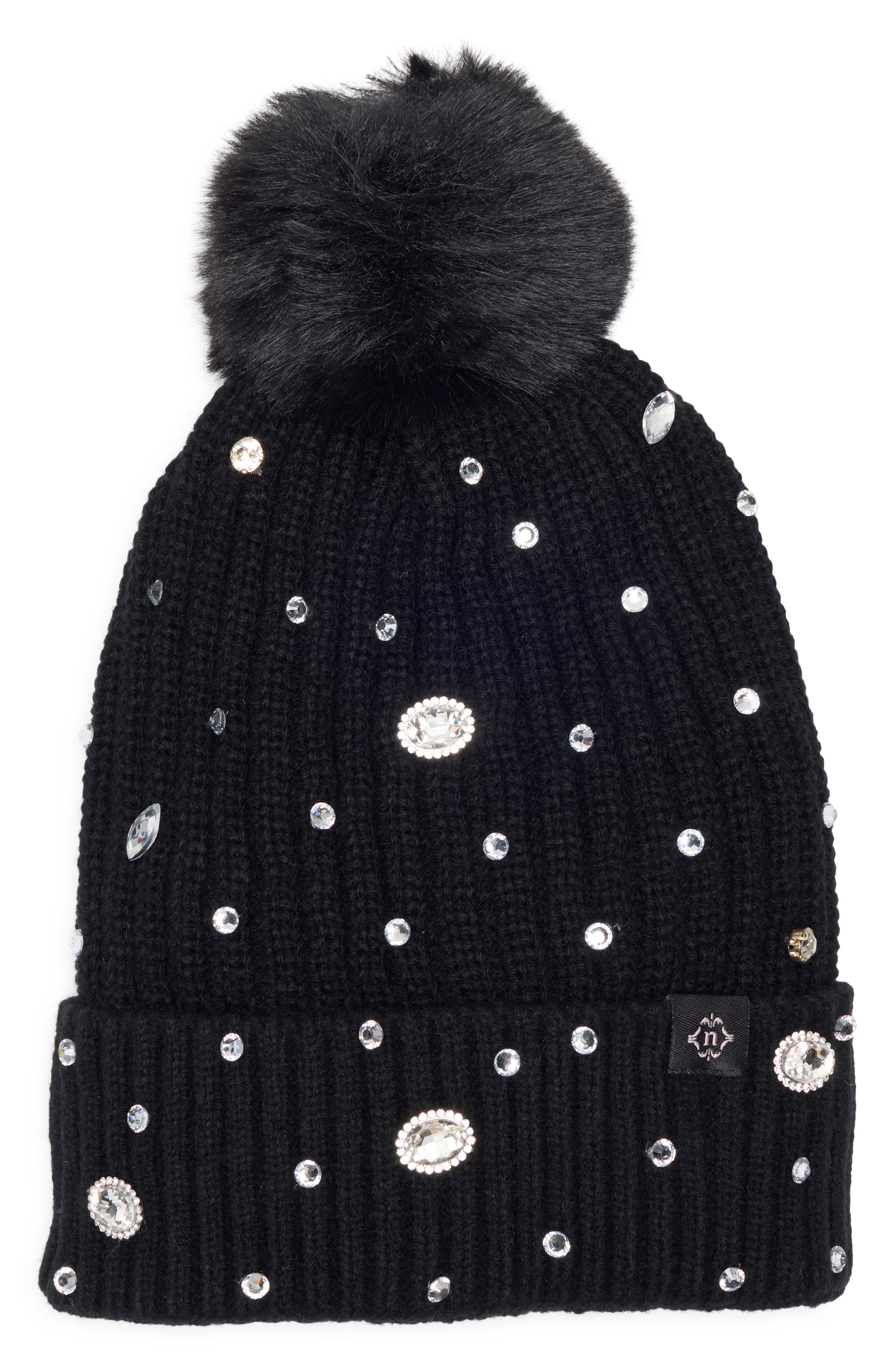 Nanette Lepore Rhinestone Beanie with Faux Fur Pompom
