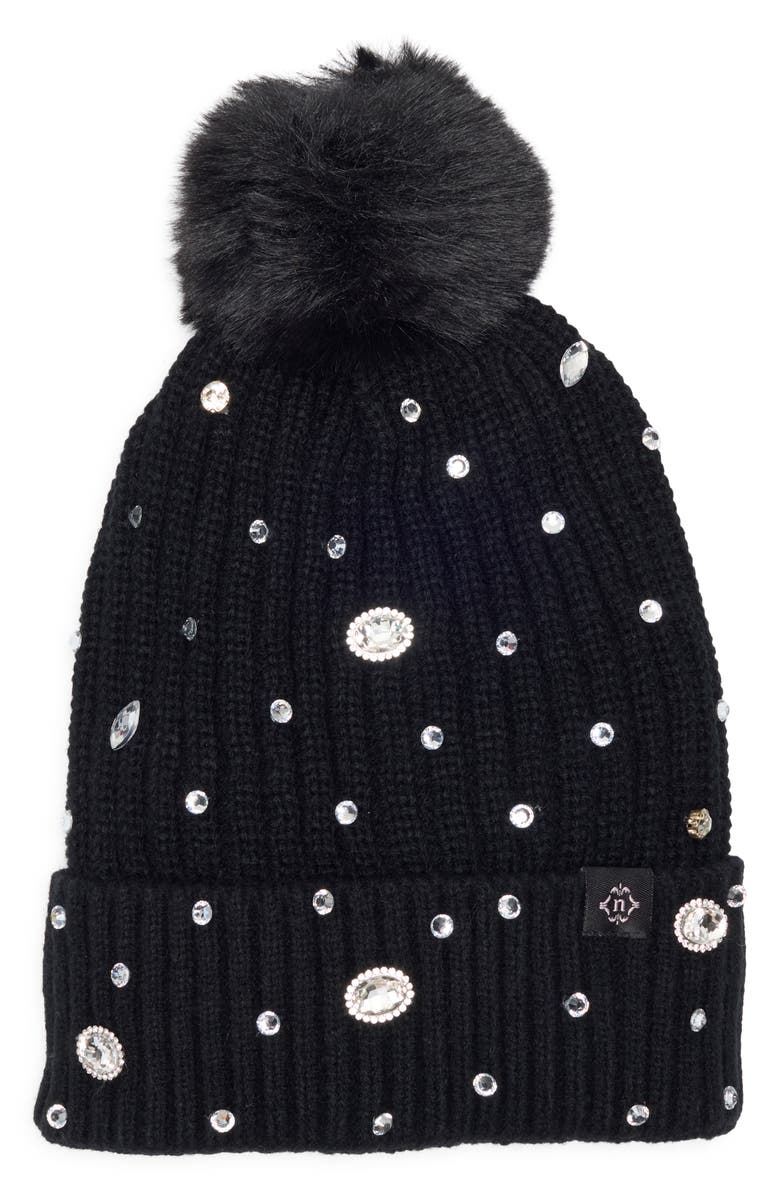 Nanette Lepore Rhinestone Beanie with Faux Fur Pompom, Main, color, Black