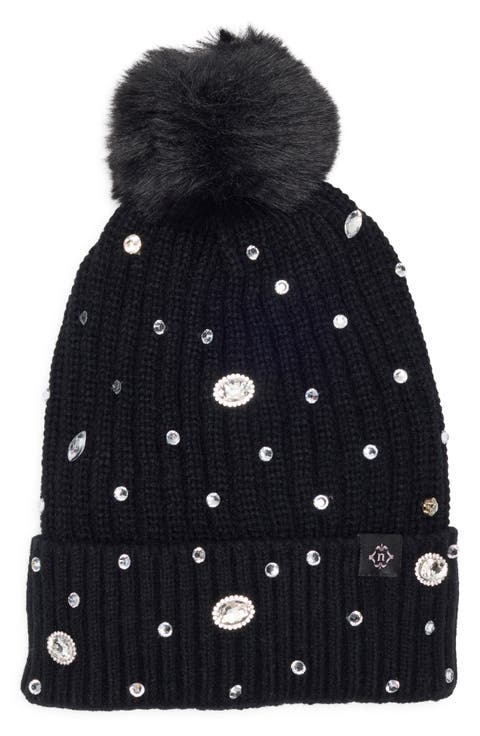 Rhinestone Beanie with Faux Fur Pompom
