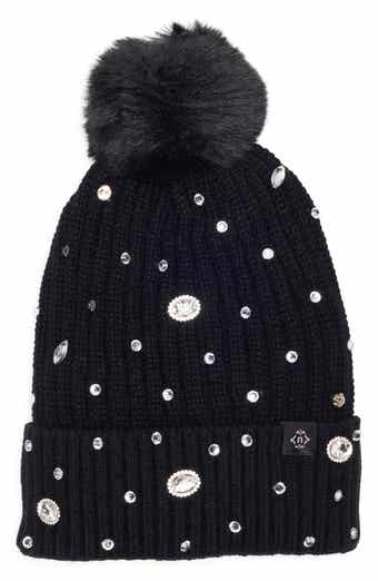 Nanette Lepore Rhinestone Beanie with Faux Fur Pompom