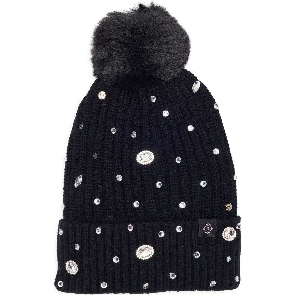 Nanette Lepore Rhinestone Beanie With Faux Fur Pompom In Black