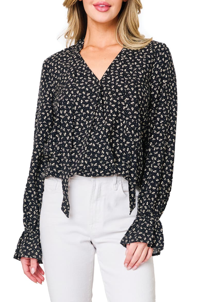 Floral Surplice Tie Neck Top, Main, color, BLACK BOHO FLORAL