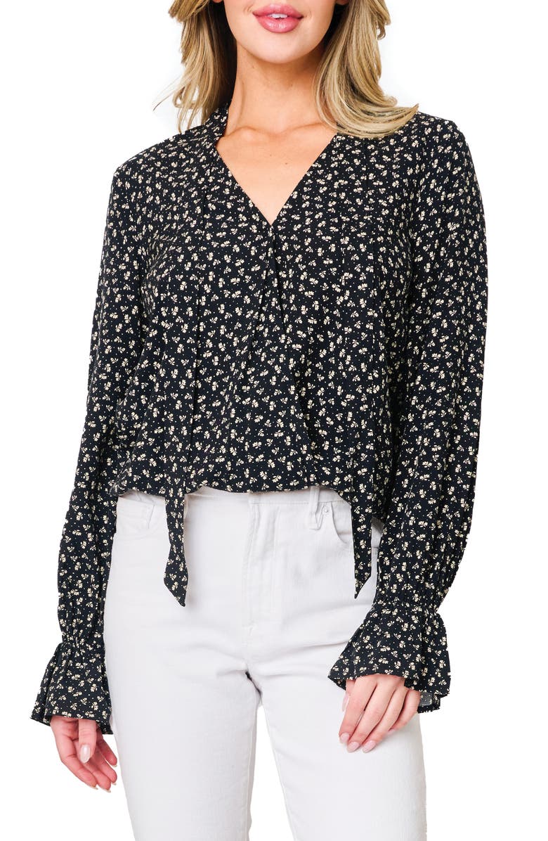 GIBSONLOOK Floral Surplice Tie Neck Top, Main, color, Black Boho Floral