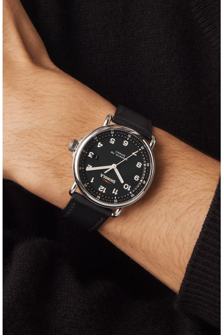 The Canfield Leather Strap Watch, 43mm, Alternate, color, BLACK/ SILVER