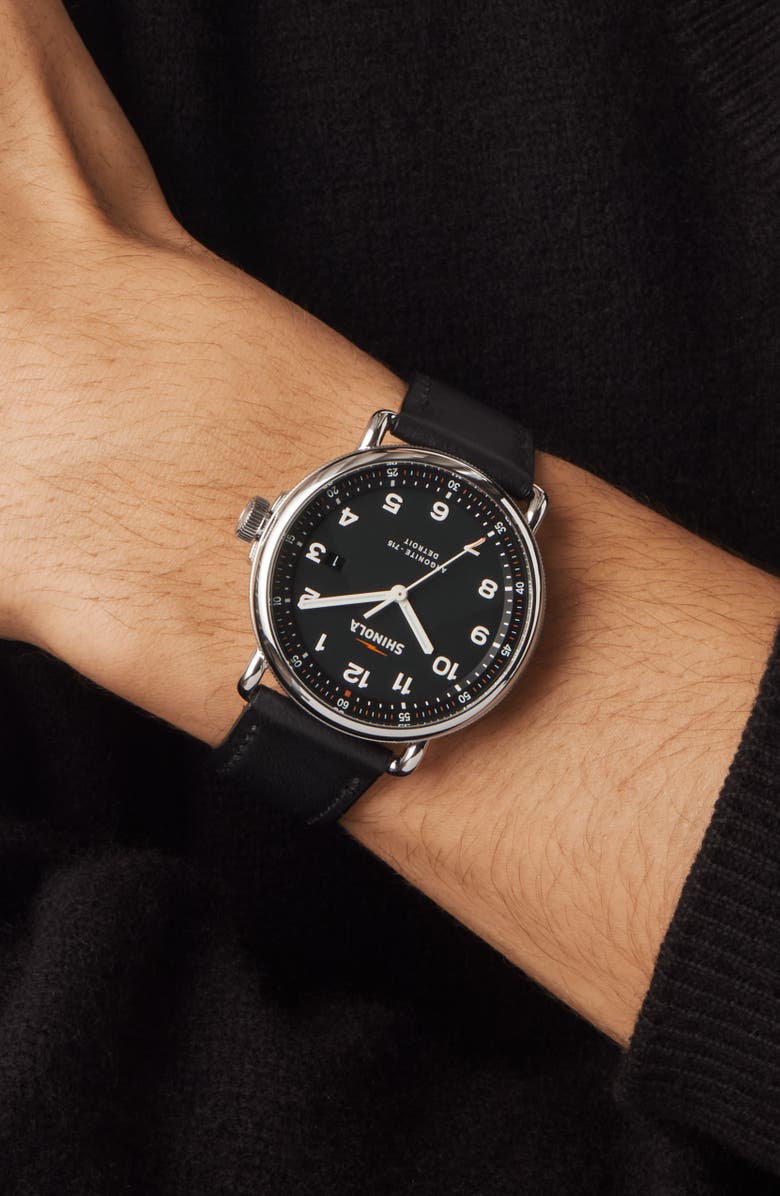 Shinola The Canfield Leather Strap Watch, 43mm, Alternate, color, Black/ Silver