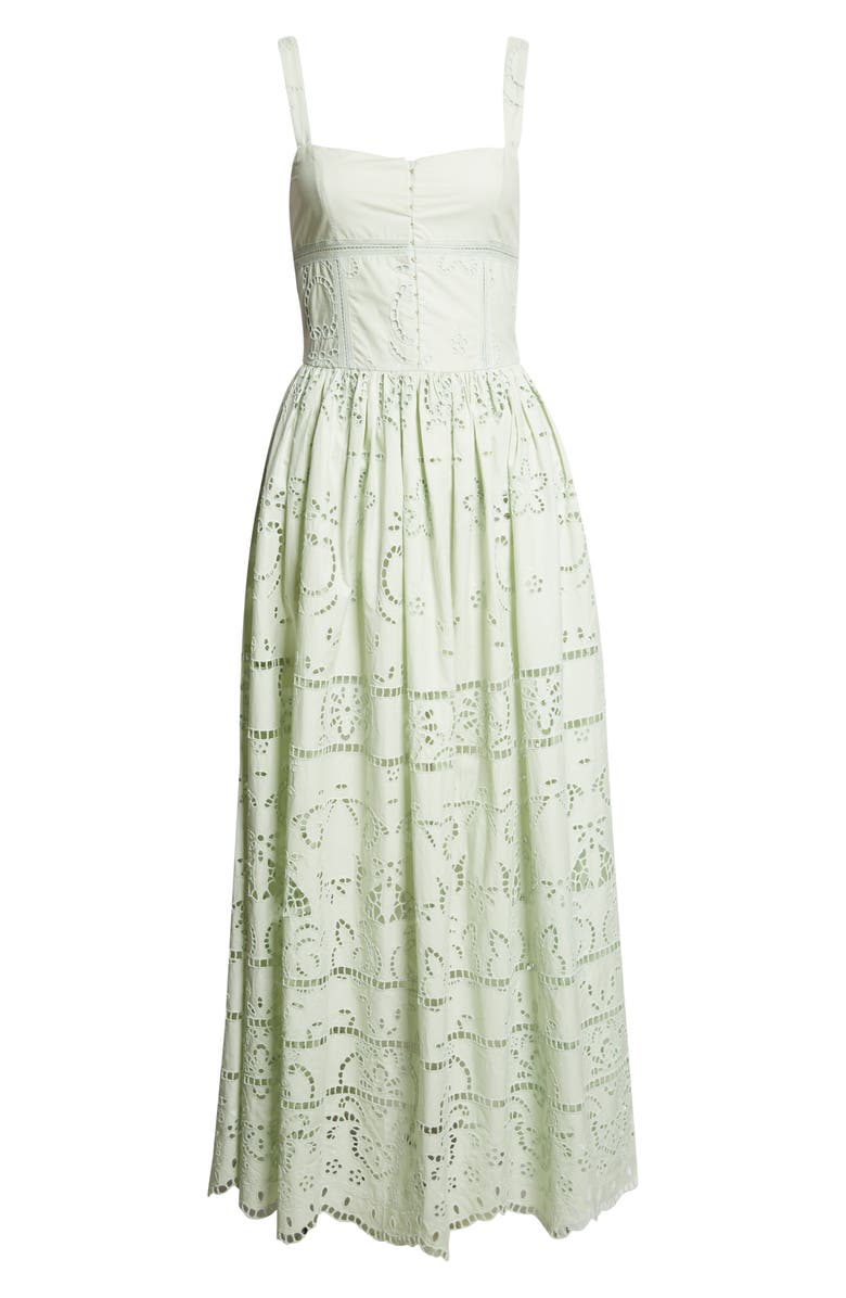 Alice + Olivia Anya Embroidered Cotton Maxi Dress, Alternate, color, Light Sage