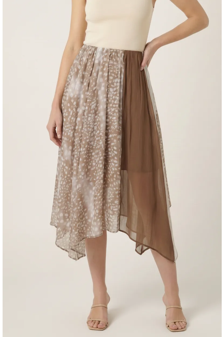 Printed Sheer Overlay Asymmetrical Panel Midi Skirt, Main, color, Brown