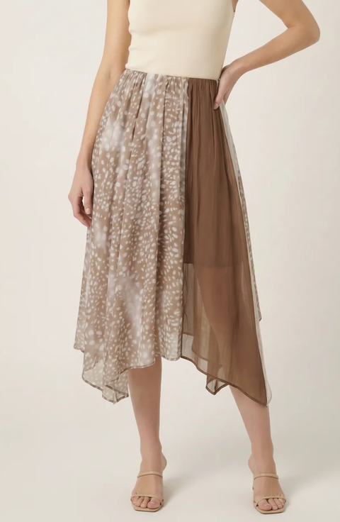 Printed Sheer Overlay Asymmetrical Panel Midi Skirt