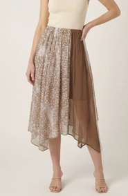 Modenaire Printed Sheer Overlay Asymmetrical Panel Midi Skirt