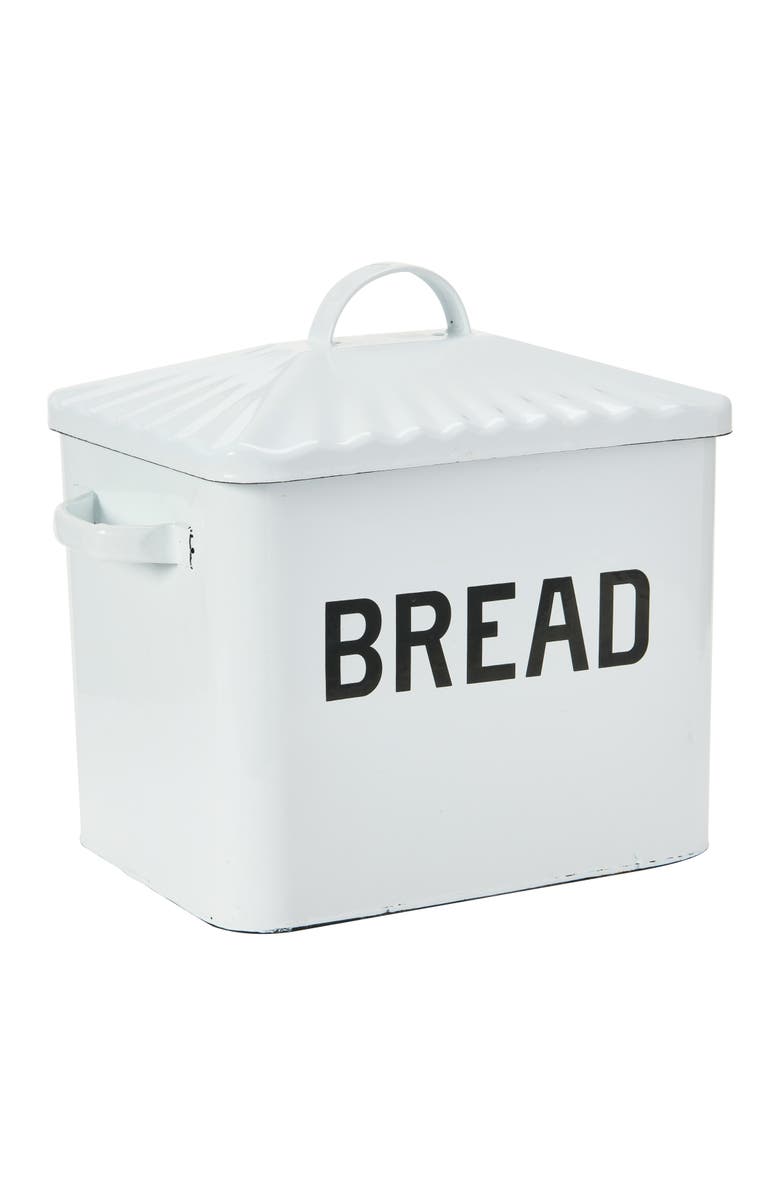 Storied Home Farmhouse Enameled Metal Bread Box with "Bread" Message, White and Black, Main, color, White