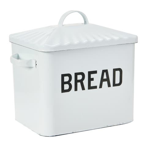 Farmhouse Enameled Metal Bread Box with "Bread" Message, White and Black