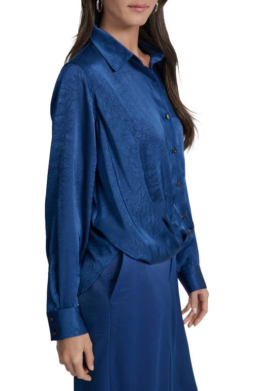 Dkny Twist Front Crinkle Satin Shirt In Blue