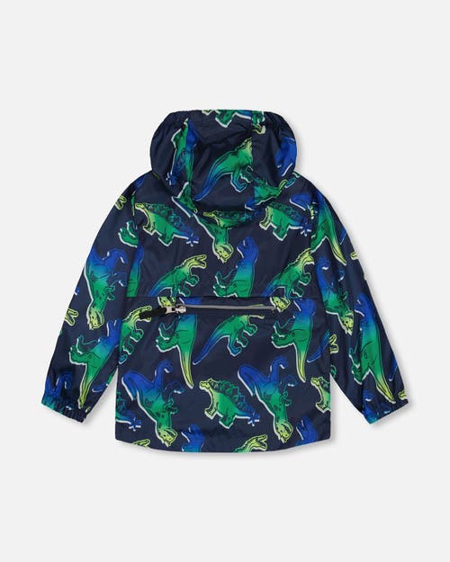 DEUX PAR DEUX DEUX PAR DEUX BOY'S PRINTED PACKABLE WINDBREAKER BLUE AND GREEN DINO ON NAVY 