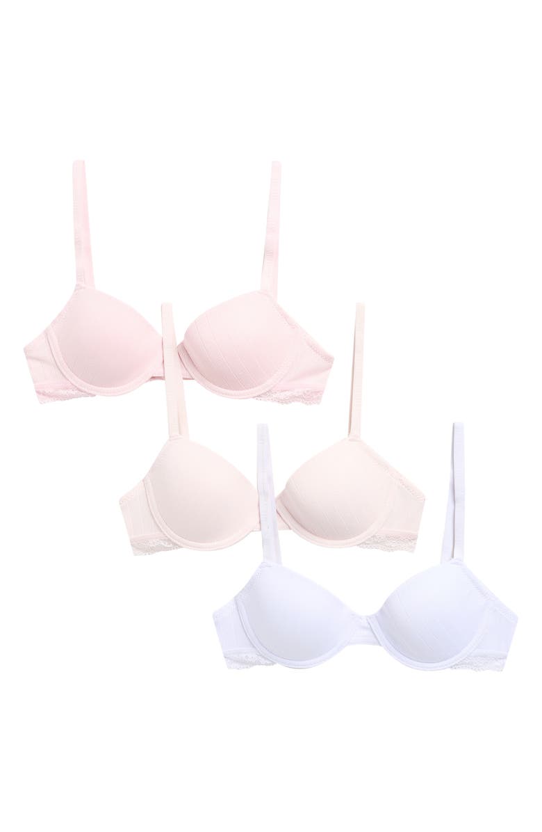 Laura Ashley Kids' Assorted 3-Pack Molded Bras, Main, color, Pink/ White/ Morning Pearl