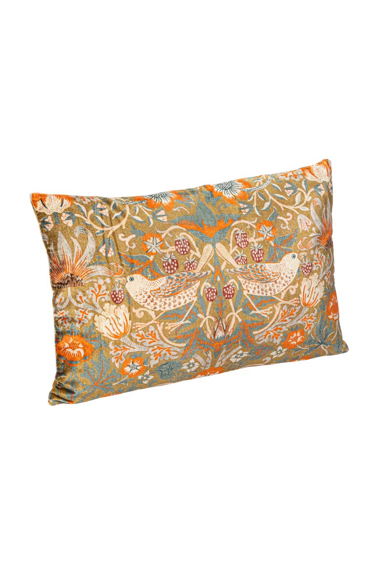 Cotton Velvet Birds and Flowers Lumbar Pillow, Multicolor, Main, color, Tan