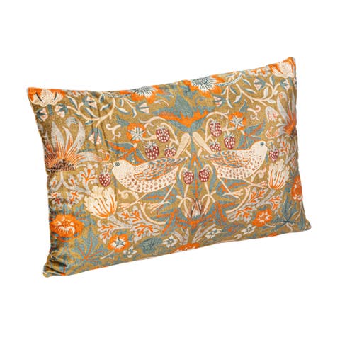 Cotton Velvet Birds and Flowers Lumbar Pillow, Multicolor