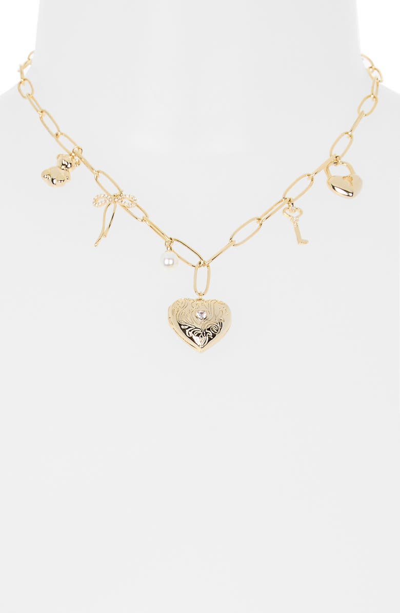 Leith Heart & Bow Charm Necklace, Alternate, color, Clear- White- Gold