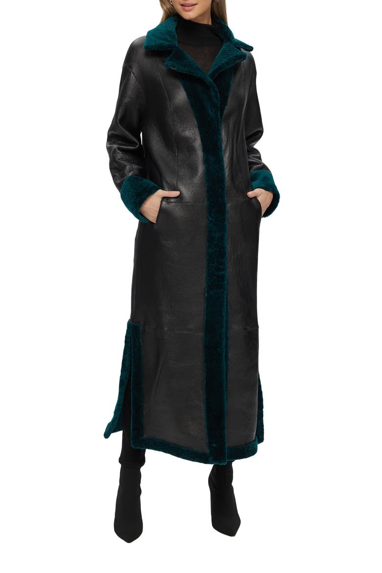Reversible Textured Genuine Shearling Coat with Side Slits, Belt, Alternate, color, EMERALD/BLACK