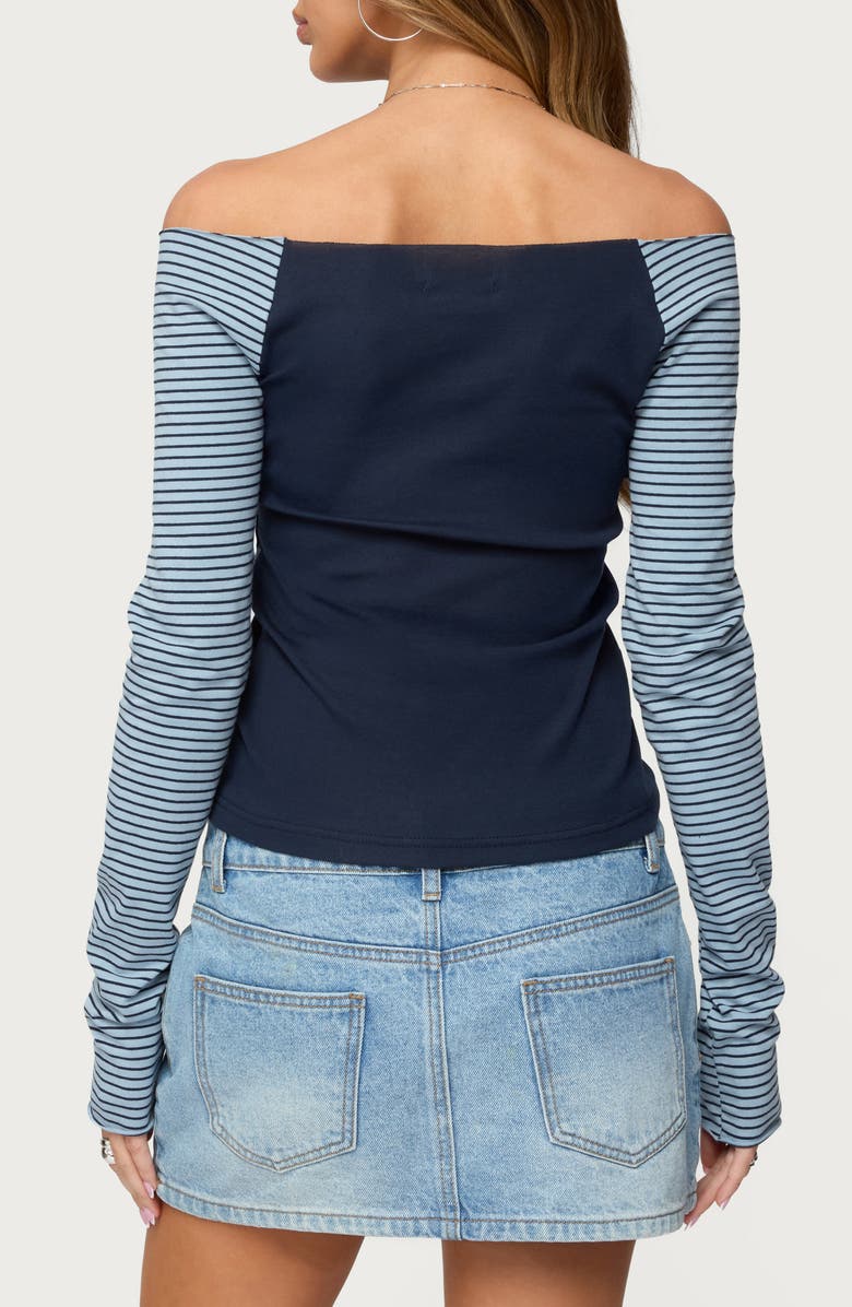 EDIKTED Rion Contrast Stripe Off the Shoulder Top, Alternate, color, Navy