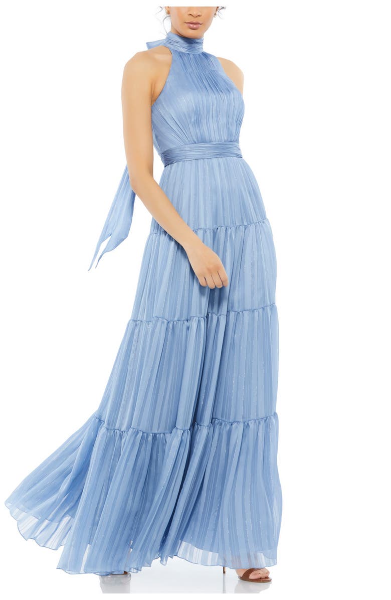 Mac Duggal Tie Neck Tiered Halter Gown, Main, color, Slate Blue