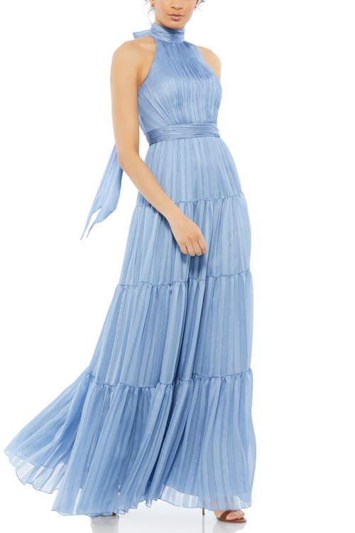 Mac Duggal Tie Neck Tiered Halter Gown In Slate Blue