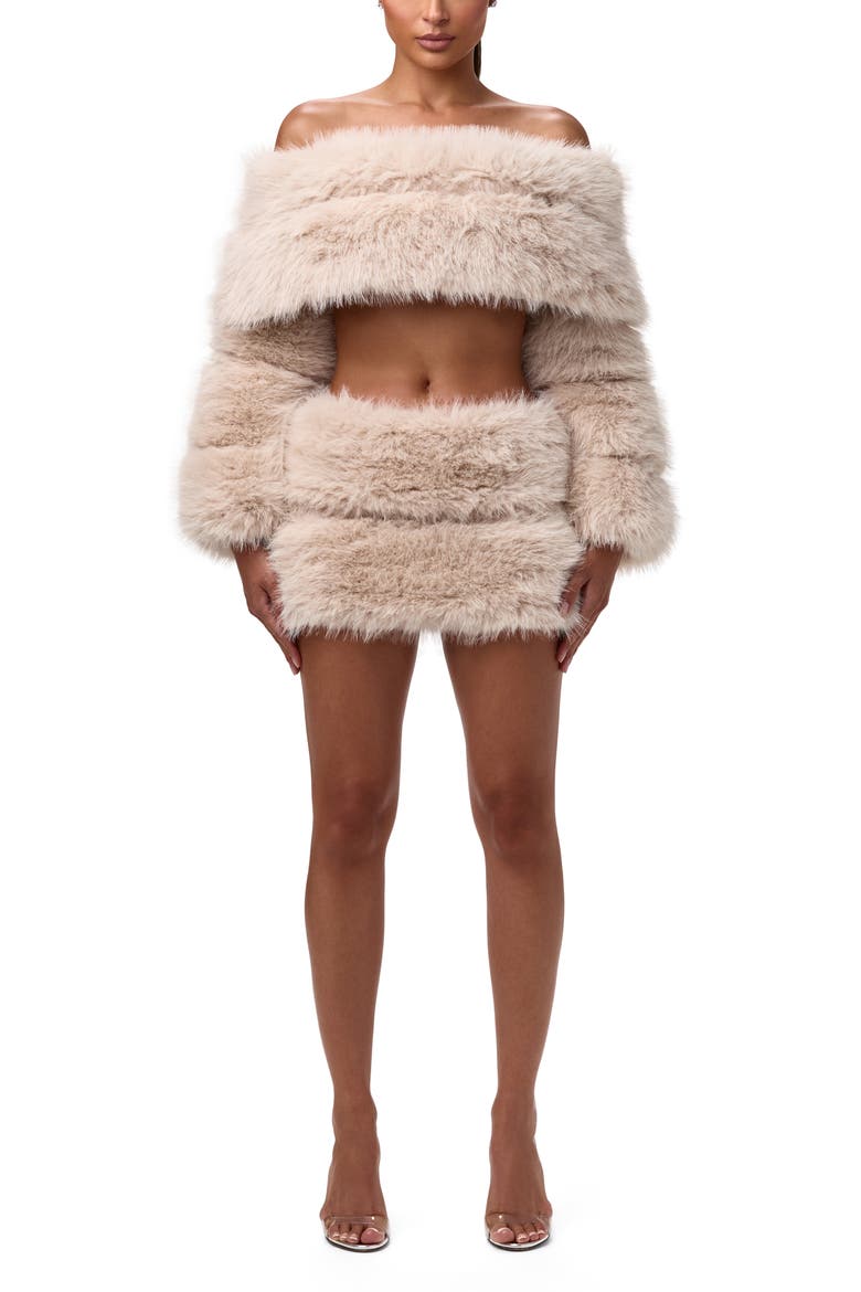 Faux Fur Off the Shoulder Long Sleeve Crop Top, Alternate, color, TAUPE