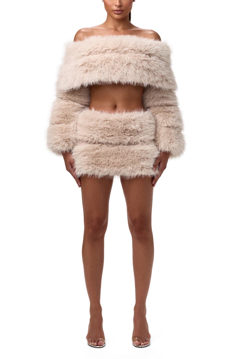 Naked Wardrobe Faux Fur Off the Shoulder Long Sleeve Crop Top, Alternate, color, Taupe