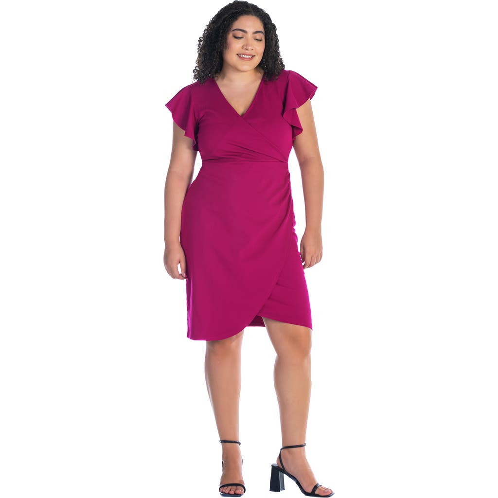 24seven Comfort Apparel V-neck Ruffle Sleeve Knee Length Dress In Purple