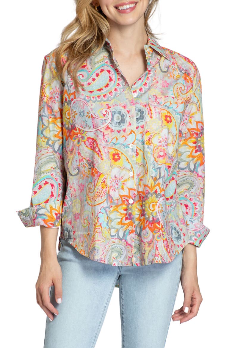 Oversize Feather Print Button-Up Shirt, Main, color, ORANGE MULTI