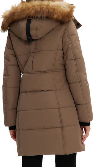 Taffeta Down Faux Fur Trimmed Belted Coat