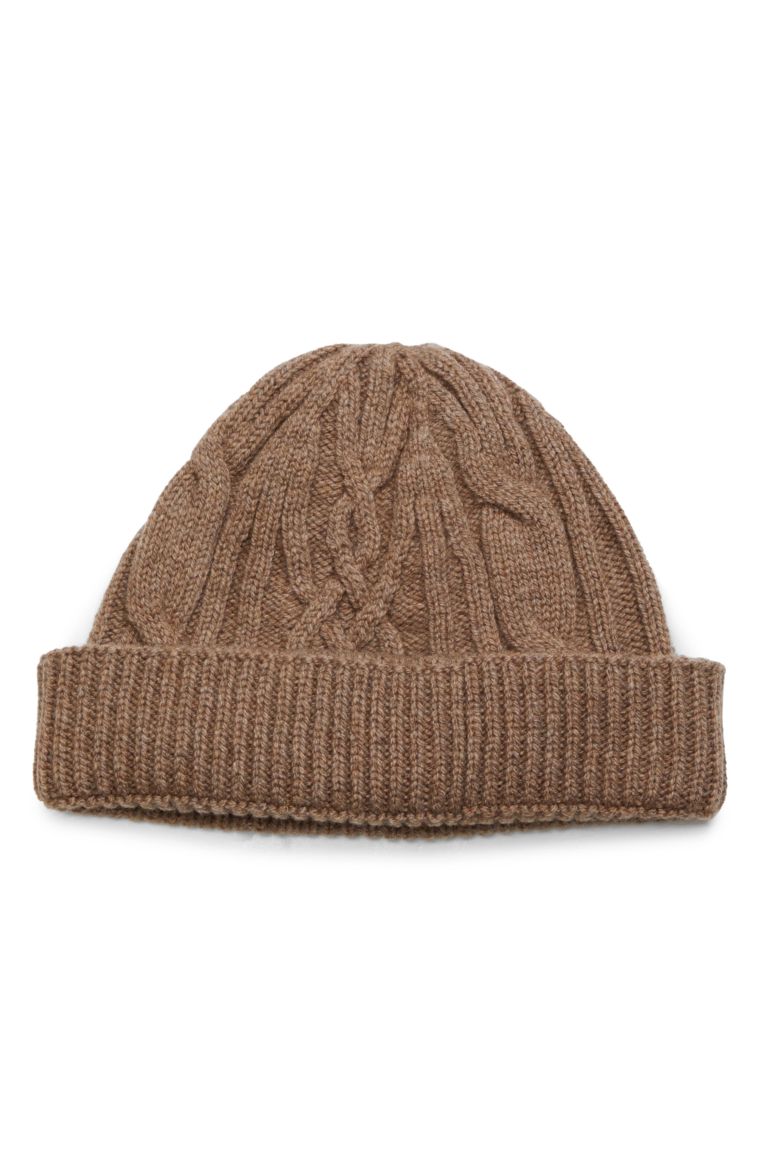 John Smedley Emery Cable Stitch Recycled Cashmere & Merino Wool Beanie in Mushroom 