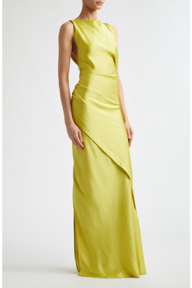 Kyra Sleeveless Draped Satin Gown, Alternate, color, CHARTREUSE