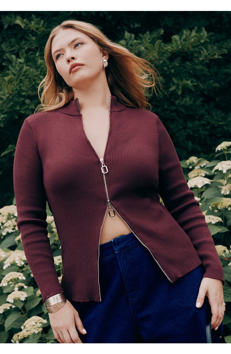 ELOQUII Two Way Zipper Sweater, Main, color, Charcoal Smudge