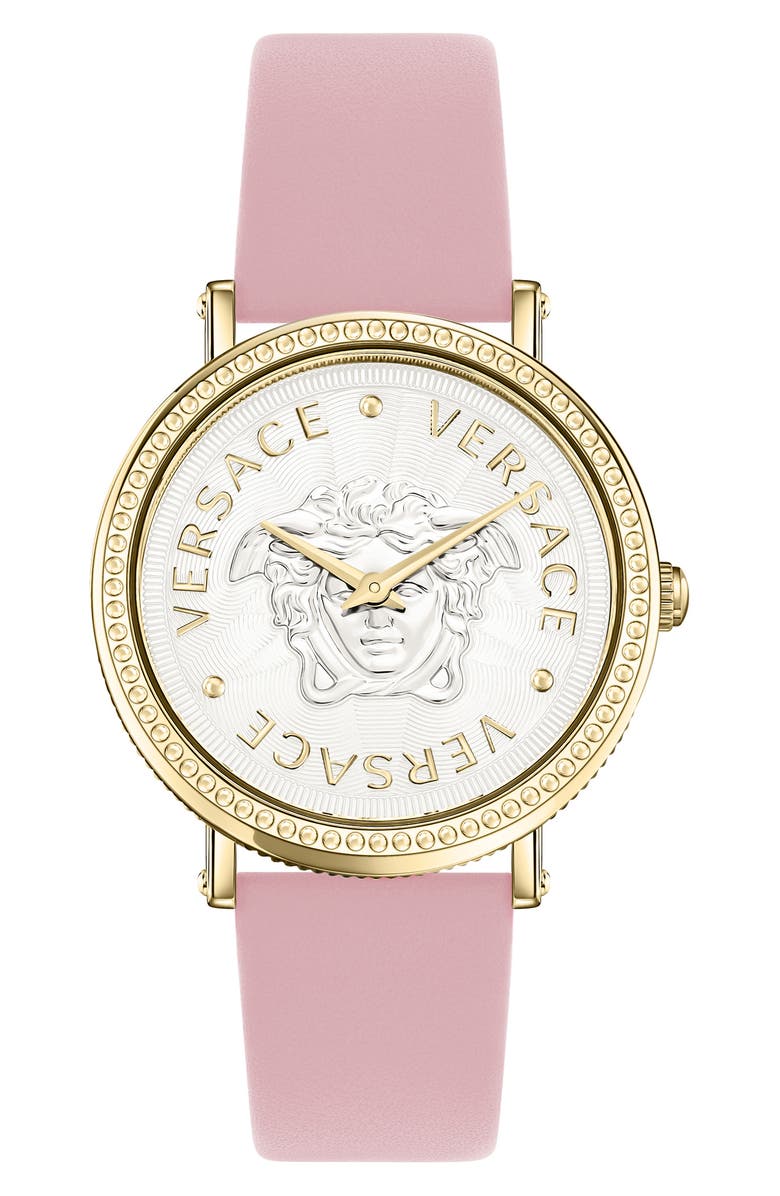 Versace V-Dollar Leather Strap Watch, 37mm, Main, color, Gold