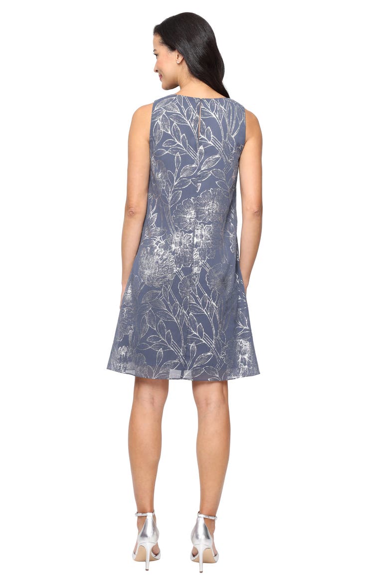Metalllic Floral Cocktail Shift Dress with Cascade Jacket, Alternate, color, STEEL