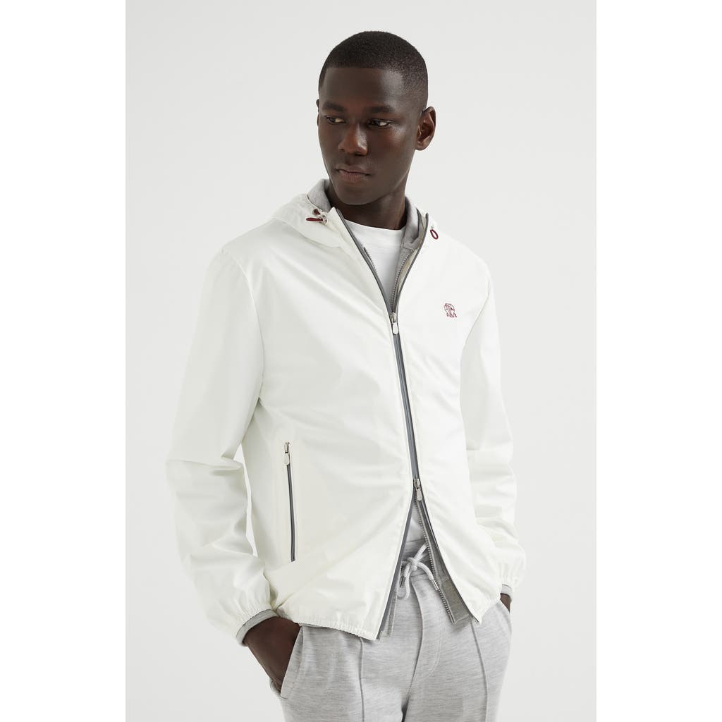 Brunello Cucinelli Men Bonded Nylon Hooded Outerwear Jacket With Logo In Off-white
